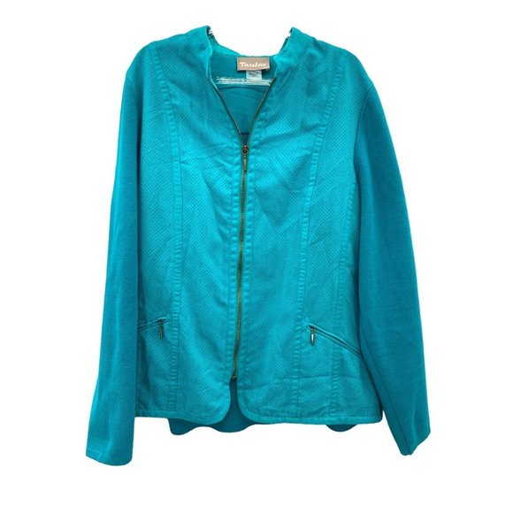 TANJAY Teal faux suede jacket coat Perforated Sz Large Women's Two Pockets Front - Picture 1 of 6